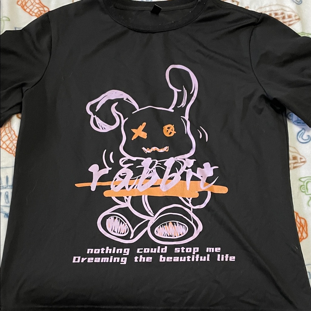 SHEIN Black Graphic Tee with Pink and Orange Design